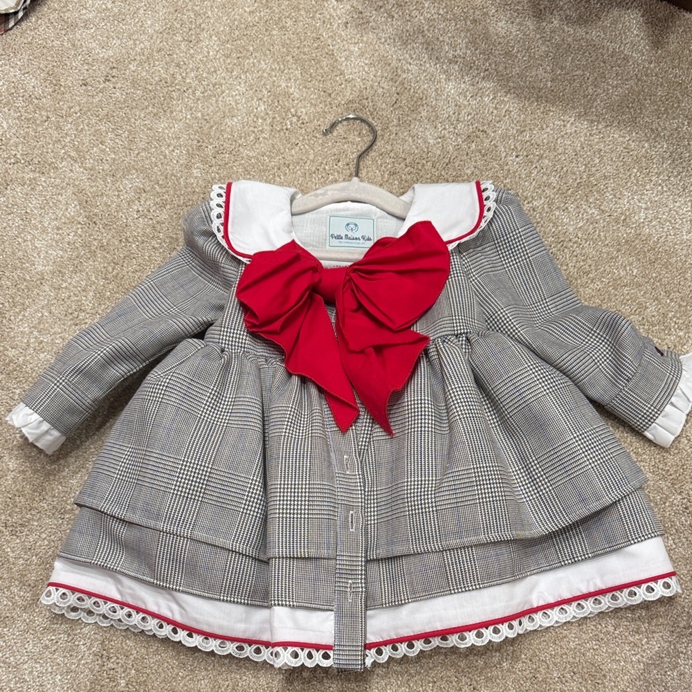Plaid Grey & Red Bow Girls' Dress Jacket - Classic Sailor Style